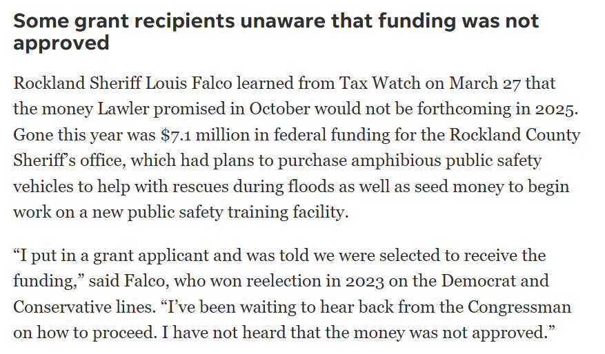 Wow. After voting to eliminate all community projects for the year, Mike Lawler didn’t even have the courage to tell the Rockland County sheriff in #NY17 that his department wouldn’t receive the $7.1 million in promised funding.