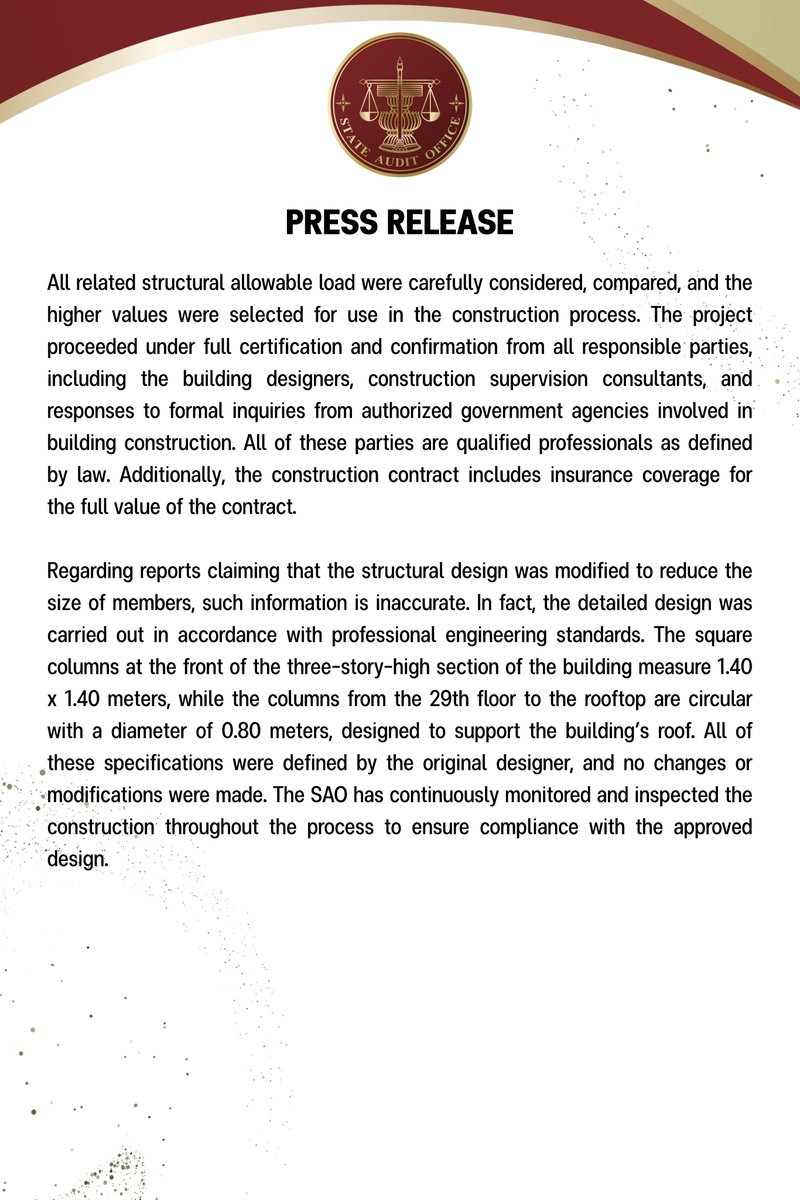 SAO aids victims after quake damaged new office. Condolences to affected. Construction followed laws, built by ITD-CREC 2,163M, designed by Forum/Meinhardt 73M. No design changes. Full transparency &amp; safety compliance. Cooperating with authorities. shorturl.asia/sQzbo