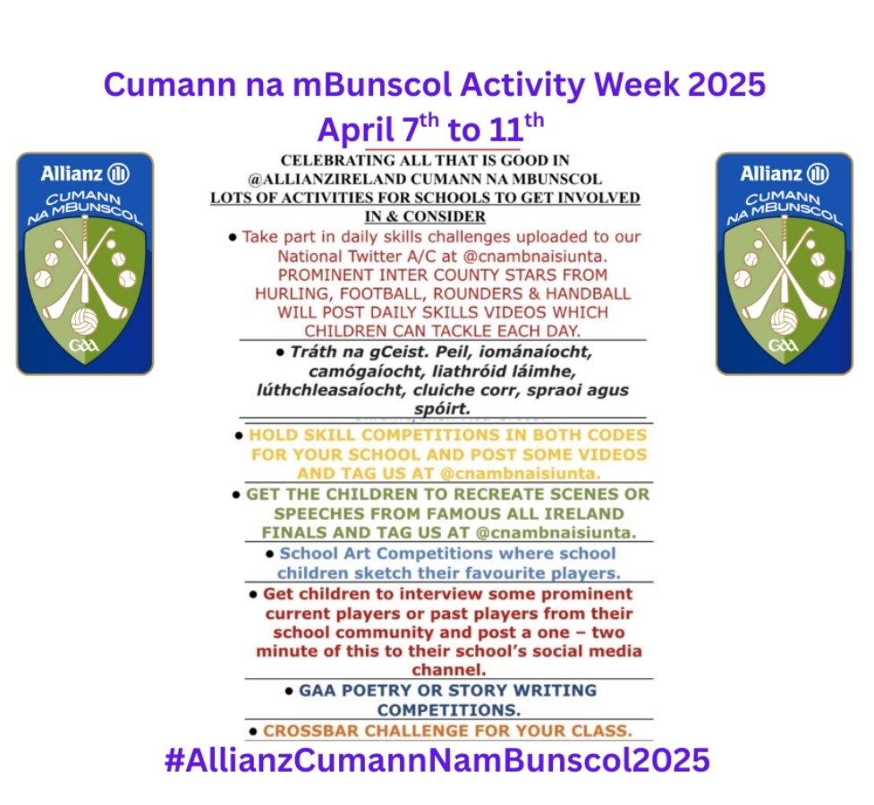 Don't forget the annual <a href="/AllianzIreland/">Allianz Ireland</a> <a href="/cnambnaisiunta/">Cumann na mBunscol</a> activity week takes place from 7th - 11th April. #Allianzcnmb
#AllianzCumannNamBunscol2025 
#StopTheDrop <a href="/FermanaghGAA/">Fermanagh GAA</a> <a href="/fermanaghladies/">Fermanagh LGFA</a>