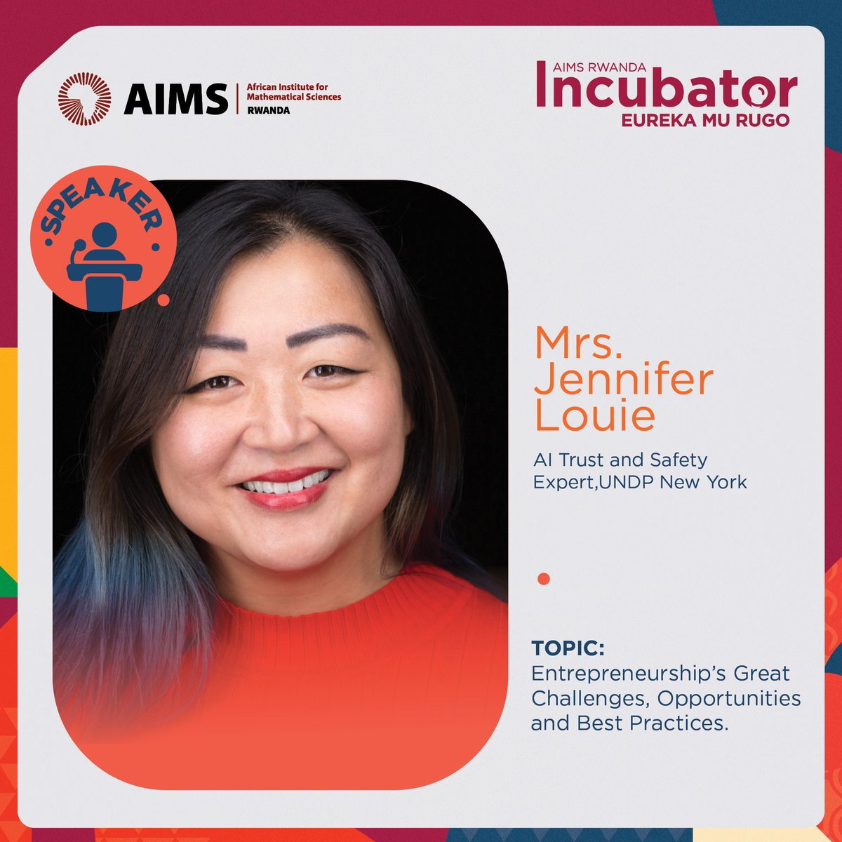 AIMS RWANDA (@aims_rwanda) on Twitter photo Excited to announce Mrs. Jennifer Louie, AI Trust and Safety expert at <a href="/UNDP/">UN Development</a> New York, as a speaker at the AIMS Rwanda Incubator official opening - Tomorrow, 2nd April 2025.
#EUREKAMURUGO #Incubator <a href="/AIMS_Next/">African Institute for Mathematical Sciences (AIMS)</a> (1/2) Excited to announce Mrs. Jennifer Louie, AI Trust and Safety expert at <a href="/UNDP/">UN Development</a> New York, as a speaker at the AIMS Rwanda Incubator official opening - Tomorrow, 2nd April 2025.
#EUREKAMURUGO #Incubator <a href="/AIMS_Next/">African Institute for Mathematical Sciences (AIMS)</a> (1/2)