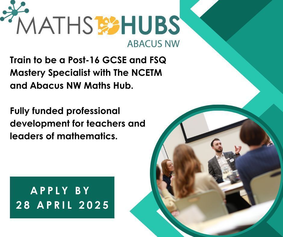 Abacus NW Maths Hub (@abacus_nw) on Twitter photo Interested in becoming a Post-16 Mastery Specialist?
Apply now > buff.ly/cUEH4f5
For further information contact hello@abacusnwmathshub.co.uk Interested in becoming a Post-16 Mastery Specialist?
Apply now > buff.ly/cUEH4f5
For further information contact hello@abacusnwmathshub.co.uk