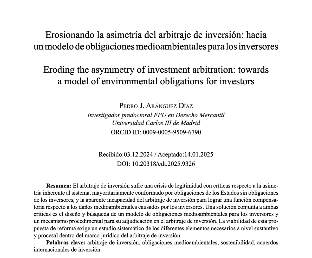 Ya publicado mi artículo sobre arbitraje de inversión y #ESG en el último número de Cuadernos de Derecho Transnacional. Gracias a la revista por abrir espacio a este debate. Disponible en acceso abierto aquí: doi.org/10.20318/cdt.2…