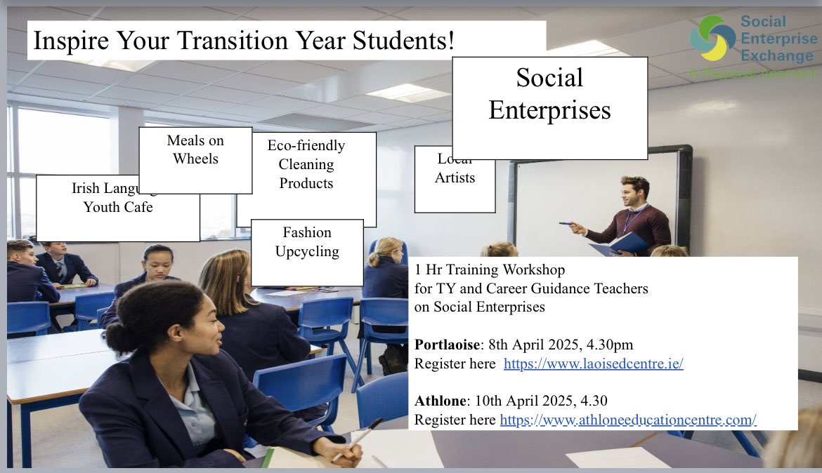 Social Enterprise Exchange - A Regional Approach (@socenterprexch) on Twitter photo Calling TY teachers
to training workshop #SocialEnterprise
#JustTransition
<a href="/pobal/">Pobal</a>
@Dept_ECC
@DeptRCD <a href="/galwayruraldev/">Galway Rural Development</a> <a href="/irishrurallink/">Irish Rural Link</a> <a href="/socentie/">SocEnt.ie</a>
<a href="/ClusterCentre/">Ireland's Cluster Centre</a>
Athlone: athloneeducationcentre.com
Portlaoise: laoisedcentre.ie Calling TY teachers
to training workshop #SocialEnterprise
#JustTransition
<a href="/pobal/">Pobal</a>
@Dept_ECC
@DeptRCD <a href="/galwayruraldev/">Galway Rural Development</a> <a href="/irishrurallink/">Irish Rural Link</a> <a href="/socentie/">SocEnt.ie</a>
<a href="/ClusterCentre/">Ireland's Cluster Centre</a>
Athlone: athloneeducationcentre.com
Portlaoise: laoisedcentre.ie