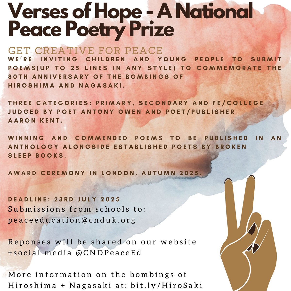 CND Peace Education (@cndpeaceed) on Twitter photo Calling all Primary teachers and English secondary / FE teachers! Submit your students' poems to our National Peace Poetry Competition: Verses of Hope, to commemorate the 80th anniversary of the bombings of Hiroshima and Nagasaki. Deadline 23rd July. <a href="/PeaceEdNetwork/">Peace Education Network</a> #English Calling all Primary teachers and English secondary / FE teachers! Submit your students' poems to our National Peace Poetry Competition: Verses of Hope, to commemorate the 80th anniversary of the bombings of Hiroshima and Nagasaki. Deadline 23rd July. <a href="/PeaceEdNetwork/">Peace Education Network</a> #English