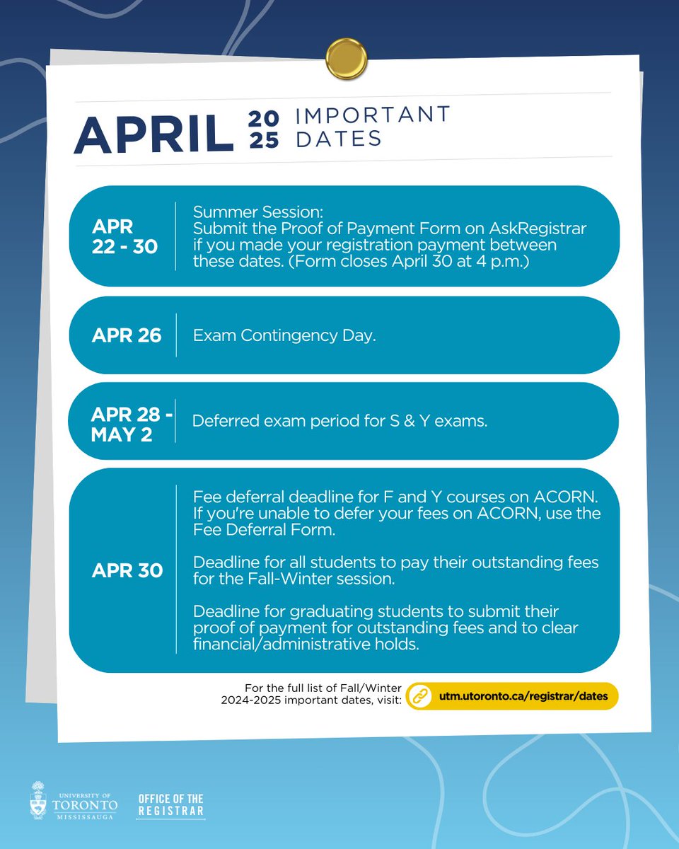 🌼 Make note of April's important dates! 

Check all upcoming key deadlines here: utm.utoronto.ca/registrar/dates