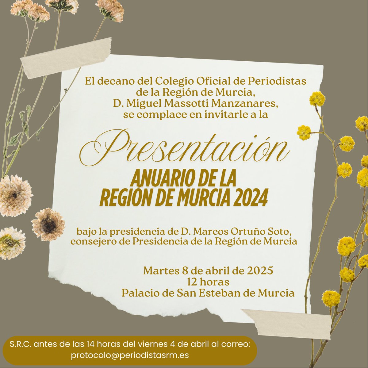 🆕 Presentación Anuario 2024 de la Región de Murcia
📆 Martes 8 de abril
🕛 12 horas
🏢 Palacio San Esteban

👇🏻 Asistencia mediante confirmación por correo. 👇🏻