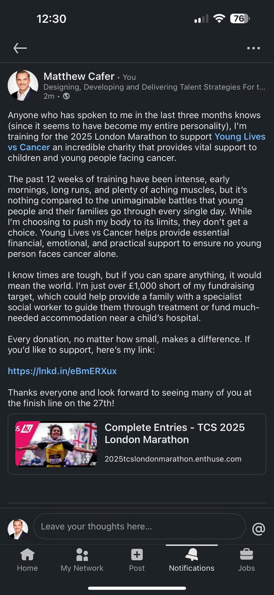 Less than 4 weeks until the <a href="/LondonMarathon/">TCS London Marathon</a> where I will be running for <a href="/YLvsCancer/">Young Lives vs Cancer</a>. 

Any donations would be much appreciated - 2025tcslondonmarathon.enthuse.com/pf/matthew-caf…