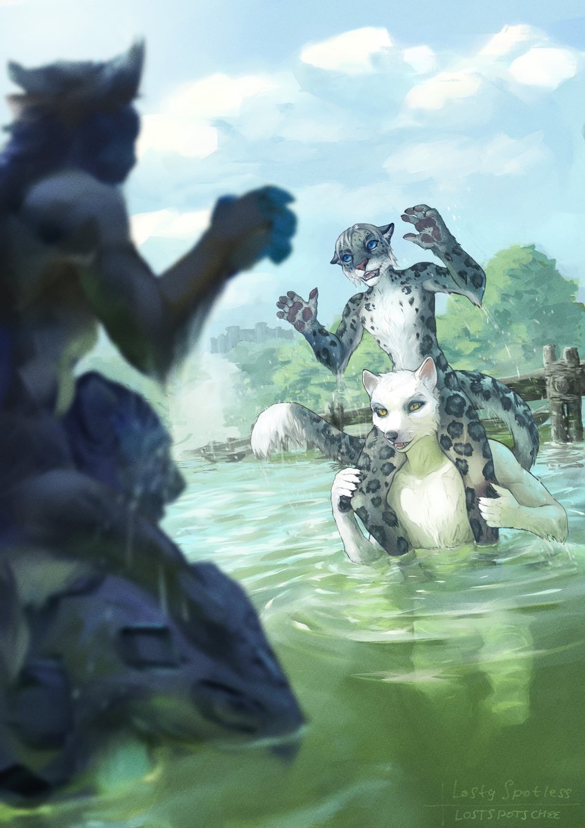 Losty_Spotless's tweet image. A high-stakes water war! The boys’ team vs. the girls’ team—Yuki and Suki are ready to fight!
art done for FA~whitepawprints2 and his friend