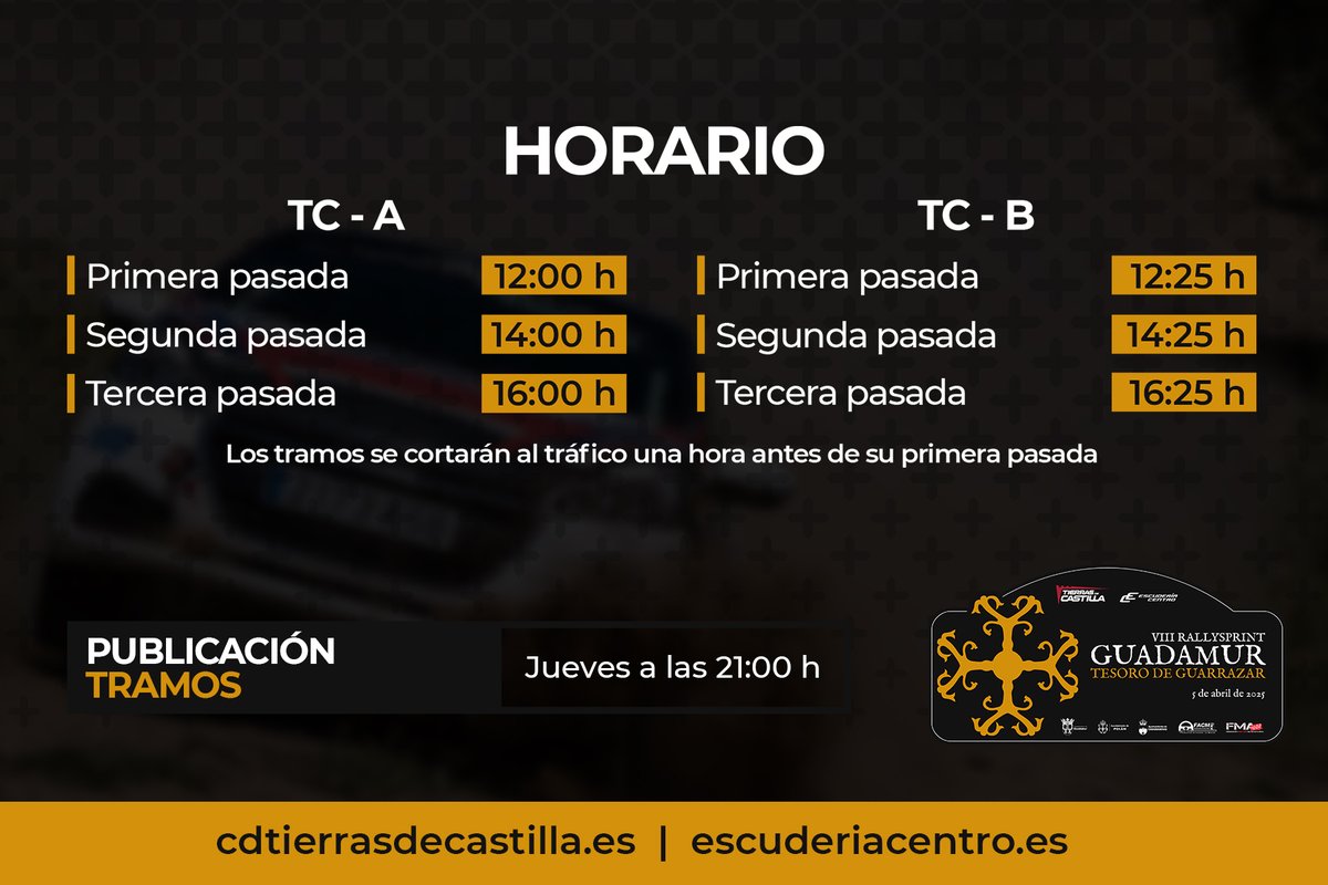 EL HORARIO DE ESTE FIN DE SEMANA

Este será el horario de los tramos. El acceso al tramo estará cortado desde una hora antes de su primera pasada.

El jueves, a las 21:00 h, publicaremos los tramos y toda la información relativa al recorrido.