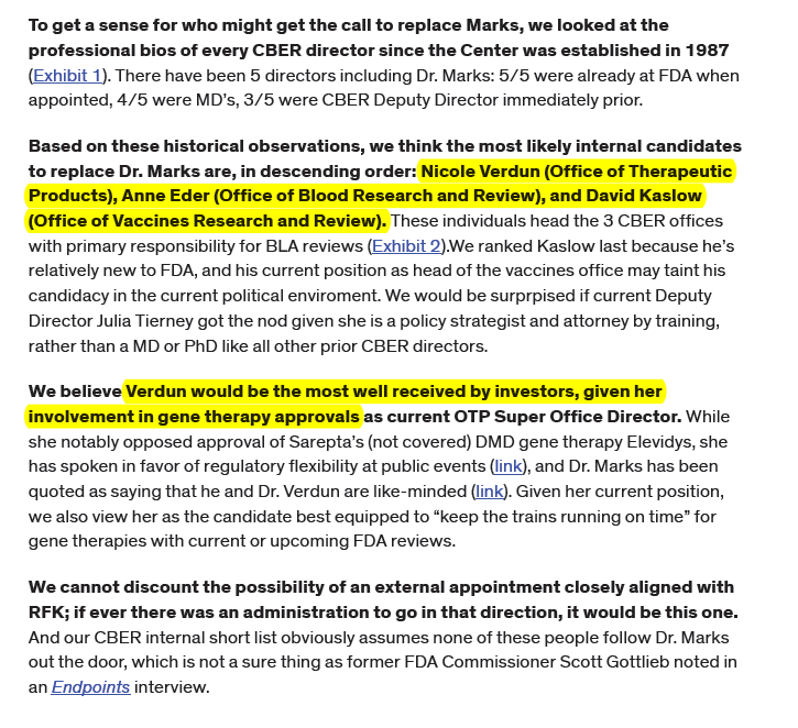 BiotechAnalysst's tweet image. Bernstein $XBI Who might #replace outgoing FDA #CBER Marks?
Nicole #Verdun  (Office of Therapeutic Products),
Anne #Eder and David #Kaslow 

#Verdun would be the most well received by investors given her involvement in gene therapy approvals as current OTP Super Office Director