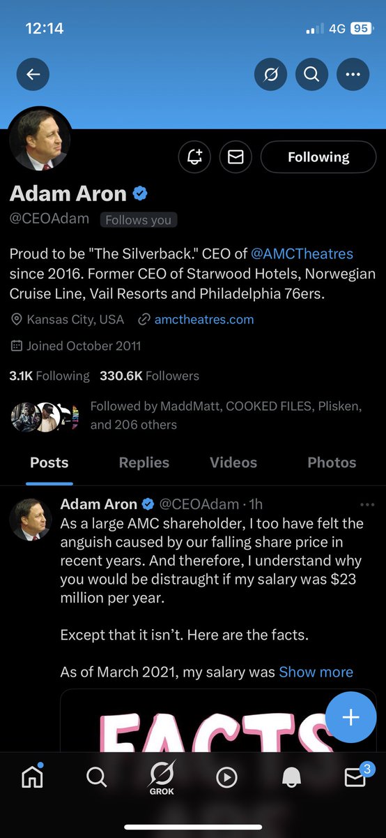 Adomeharkin's tweet image. The main man himself gave me a follow back letโs go ๐ซก๐ฆ @CEOAdam ๐
@AMCTheatres @ODEONCinemas ๐ฟ
#APESNOTLEAVING #AMC $amc ๐ซถ