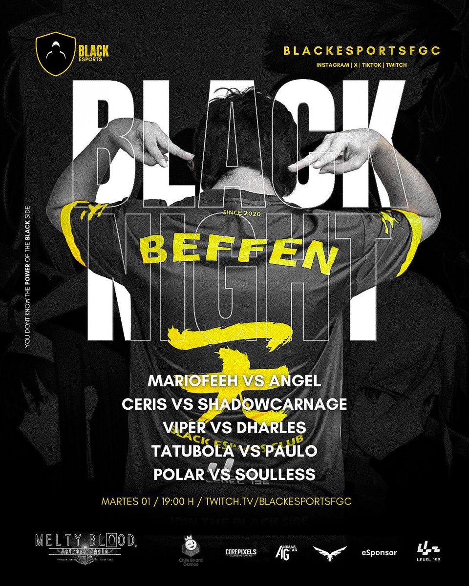 blackesportsfgc's tweet image. 🔴 Los duelos de hoy en #BlackNight de #MeltyBlood 

A partir de las 19:00h , @Droomir y @tokisami_ traerán estos entretenidos enfrentamientos de uno de los iconos de los Anime FG,  el MVP se hará presente con los votos de ustedes! #JoinTheBlackSide 🖤

 twitch.tv/blackesportsfgc