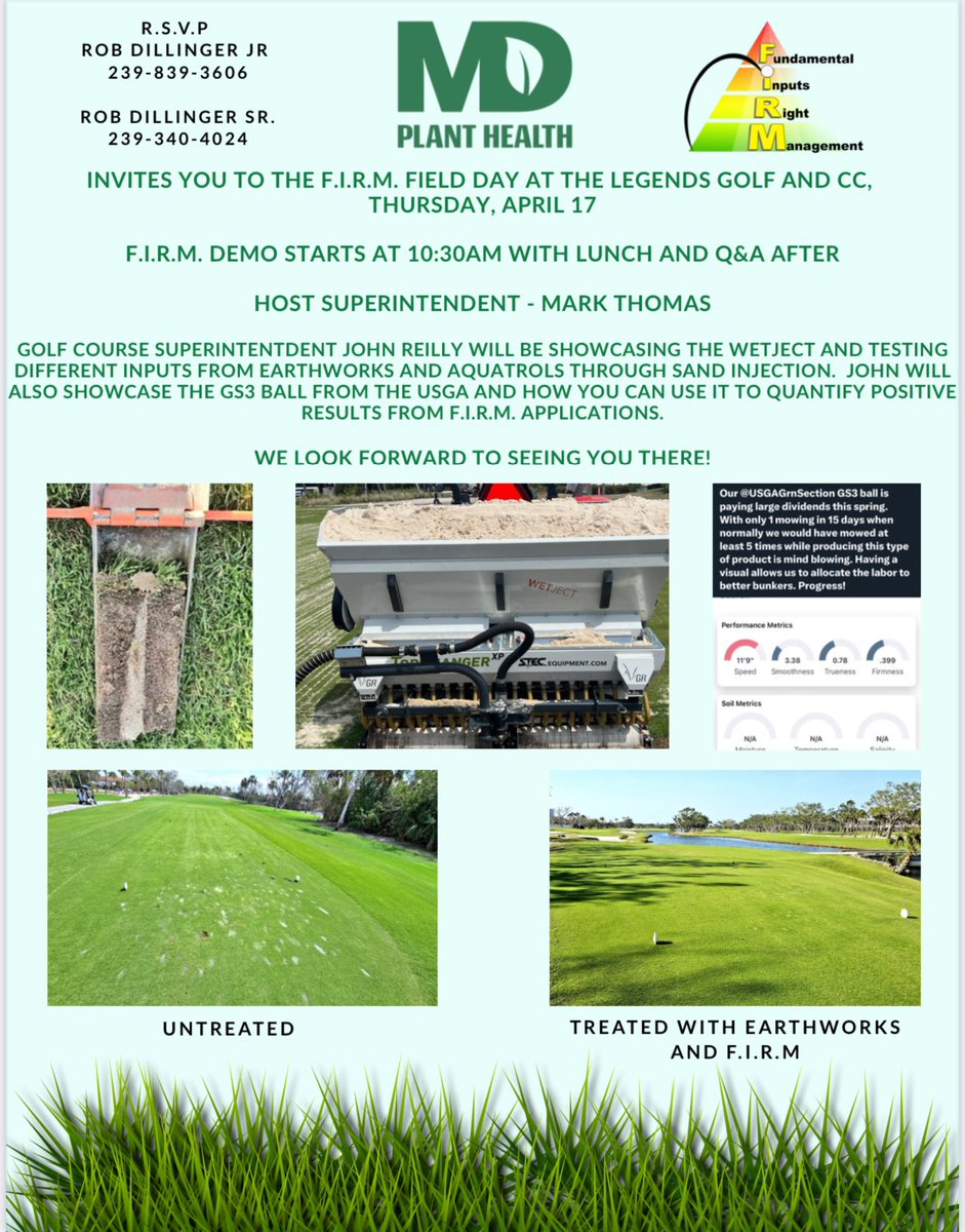 Rob Dillinger (@gogreen32) on Twitter photo Come join us out at The Legends Golf and CC for a demo day with <a href="/turfmonkeyboy/">john reilly</a> and the F.I.R.M. team! John will be educating on all the benefits of injecting sand other inputs into the root zone. Demo starts at 10:30am on April 17 with lunch and Q&A to follow! Come join us out at The Legends Golf and CC for a demo day with <a href="/turfmonkeyboy/">john reilly</a> and the F.I.R.M. team! John will be educating on all the benefits of injecting sand other inputs into the root zone. Demo starts at 10:30am on April 17 with lunch and Q&A to follow!