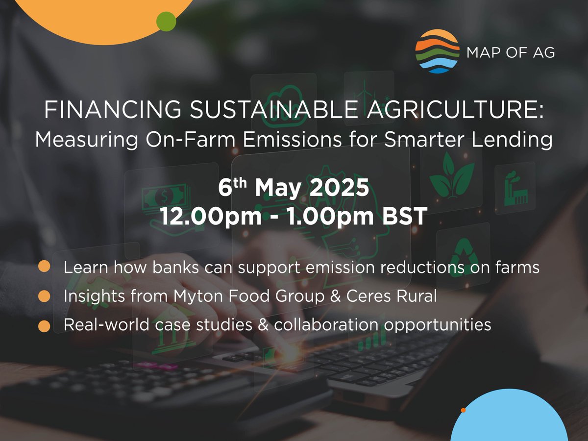 Map of Ag (@mapofag) on Twitter photo WEBINAR: Financing Sustainable #Agriculture
📅 6 May | ⏰ 12-1pm BST
Learn how banks can support on-farm emissions reductions & unlock sustainability opportunities! Featuring insights from Myton Food Group & <a href="/ceresrural/">Ceres Rural</a>
us02web.zoom.us/webinar/regist…
#SustainableFinance #NetZero WEBINAR: Financing Sustainable #Agriculture
📅 6 May | ⏰ 12-1pm BST
Learn how banks can support on-farm emissions reductions & unlock sustainability opportunities! Featuring insights from Myton Food Group & <a href="/ceresrural/">Ceres Rural</a>
us02web.zoom.us/webinar/regist…
#SustainableFinance #NetZero