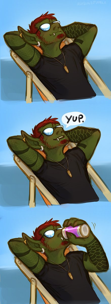 AskQuaz's tweet photo. (Guild RP featuring Rummage sending the others diving for salvage while he "supervises". He neglects to inform them it's because he can't swim.

Meanwhile Quaz is useful almost purely for the water-breathing spell he knows.) https://t.co/EbqMY6frPb