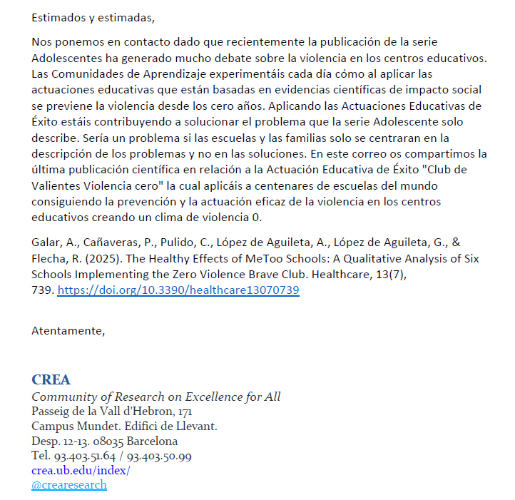 Com a comunitat d'aprenentatge volem compartir amb tota la comunitat educativa el posicionament clar contra la violència de la mà de les evidències científiques d'impacte social i amb l'acompanyament de <a href="/crearesearch/">CREA</a> . Som CdA i tenim molt clar el que fem!