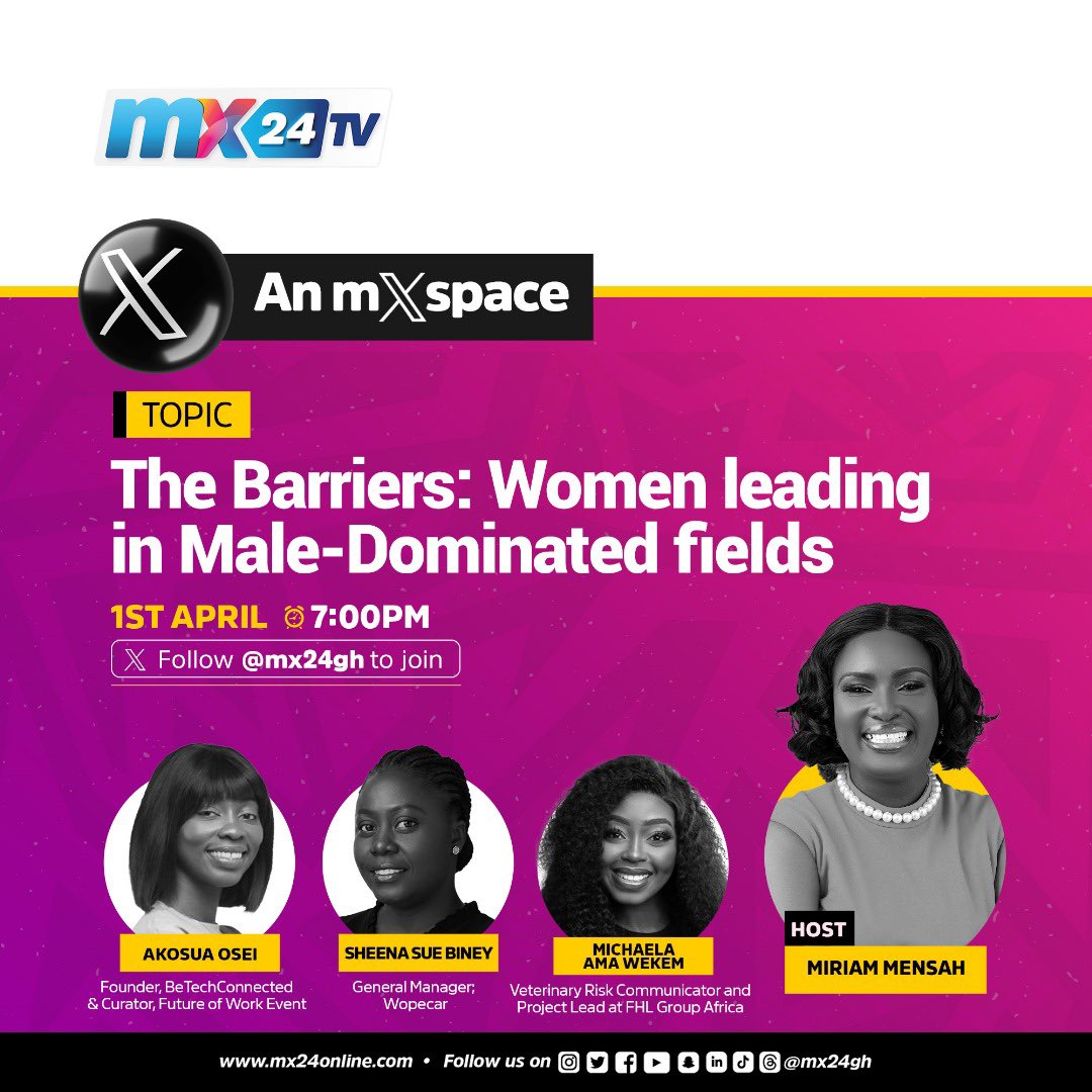 MX24 TV (@mx24gh) on Twitter photo Join us tonight for an mXspace with <a href="/miriamumensah/">Miriam U Mensah</a> and guests <a href="/Miss_mee_cayla/">Mz Michaela</a> <a href="/iamakosuaosei/">Akosua Osei</a> & GM of <a href="/Wopecar/">WopeCar 🚘</a>
Let’s look at women leading in male-dominated fields.
#mx24gh #funfearlessfactual #mXspace Join us tonight for an mXspace with <a href="/miriamumensah/">Miriam U Mensah</a> and guests <a href="/Miss_mee_cayla/">Mz Michaela</a> <a href="/iamakosuaosei/">Akosua Osei</a> & GM of <a href="/Wopecar/">WopeCar 🚘</a>
Let’s look at women leading in male-dominated fields.
#mx24gh #funfearlessfactual #mXspace