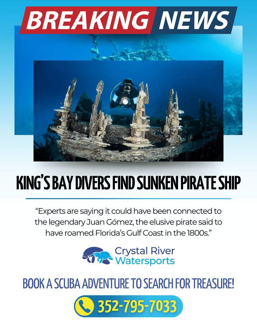 CRW_Florida's tweet image. ❗️BREAKING NEWS❗️
#ScubaDivers uncover a sunken 🏴‍☠️ pirate ship 🏴‍☠️ in #KingsBay! 

🌊 Book a #ScubaAdventure with #CrystalRiverWatersports and let's check it out!

Call us at: 352-795-7033
Sign up today: crystalriverwatersports.com/group/scuba-ad…