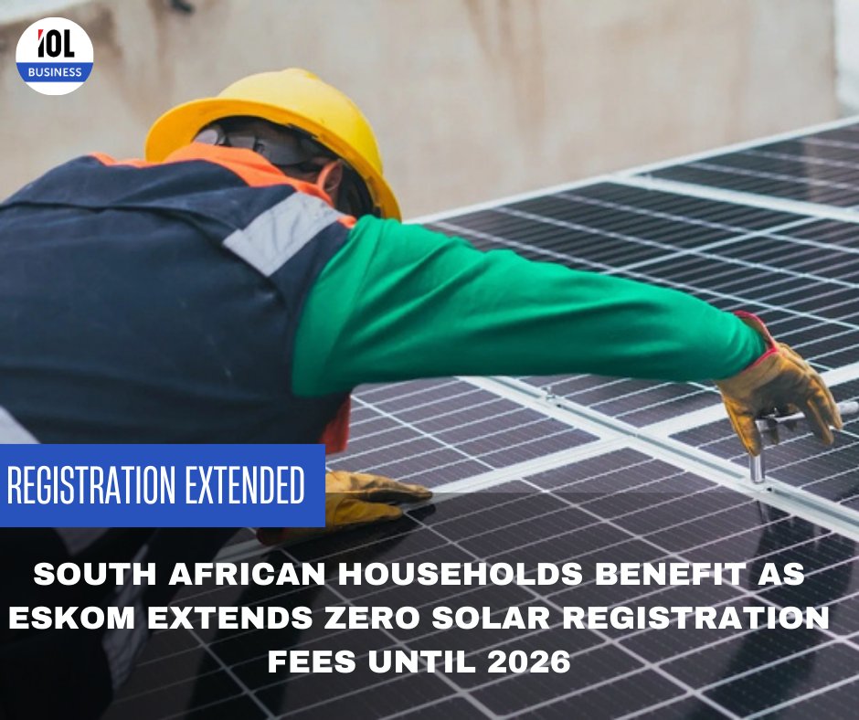 IOL's tweet image. Eskom has extended its zero registration fee for residential Small-Scale Embedded Generation (SSEG) systems until March 2026.
#business #eskom #solargeneration #nersa #electricity #solarpower
Read on iol.co.za/business/south…