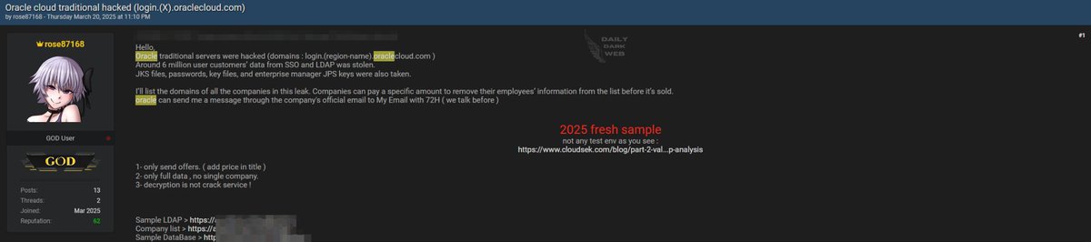 habib_karatas's tweet image. #BreachForums’da bir siber tehdit aktörü &quot;rose87168&quot;, #Oracle&apos;a ait şifrelenmiş #LDAP ve #SSO kimlik bilgilerini, Java KeyStore (#JKS) dosyalarını ve Enterprise Manager Java Platform Security (#JPS) anahtarlarını ele geçirdiğini öne sürdü. Uzmanlar, sızan verilerin orijinal…