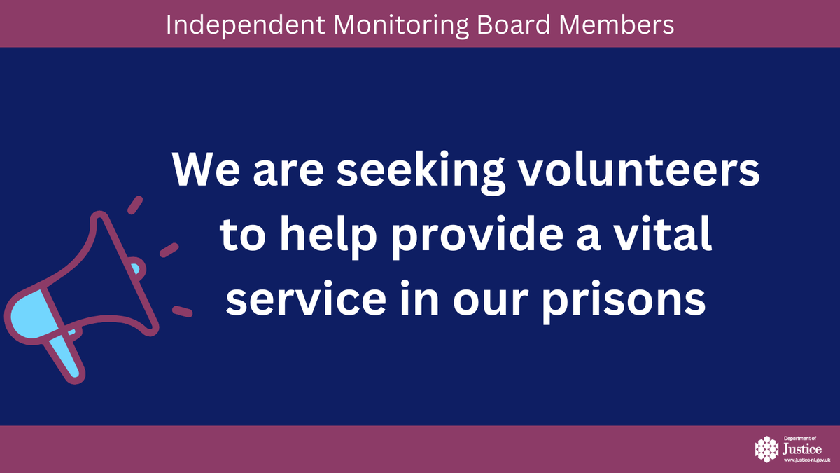 Justice NI (@justice_ni) on Twitter photo The Independent Monitoring Board (IMB) is seeking volunteers to provide a vital role in <a href="/NIPrisons/">NI Prison Service</a> . If you are a good communicator, have the ability to listen, are empathetic and have time on your hands – then why not consider applying to join?
More at: justice-ni.gov.uk/news/volunteer… The Independent Monitoring Board (IMB) is seeking volunteers to provide a vital role in <a href="/NIPrisons/">NI Prison Service</a> . If you are a good communicator, have the ability to listen, are empathetic and have time on your hands – then why not consider applying to join?
More at: justice-ni.gov.uk/news/volunteer…