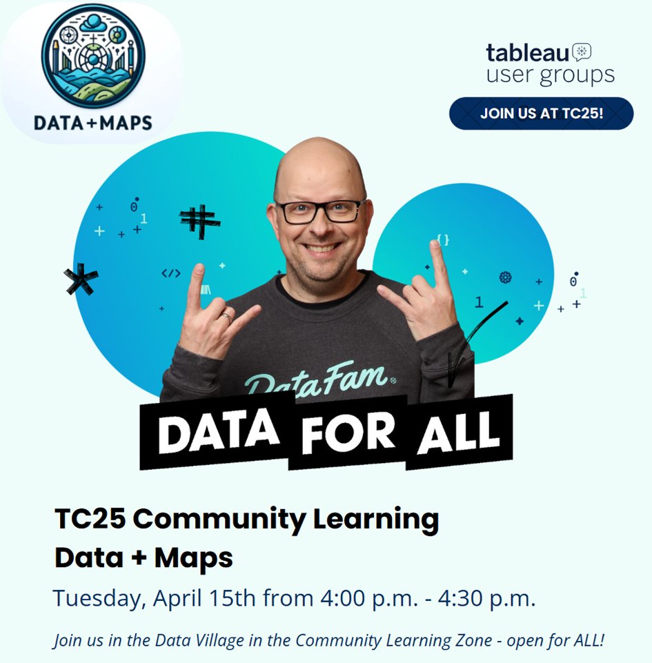 Tore Levinsen (@torelev) on Twitter photo Headed to #TC25 in San Diego?
Join us Tues Apr 15 @ 4PM in the Data Village (Community Learning Zone) for a chat on maps, spatial data & <a href="/tableau/">Tableau</a> ! 🌍📊
<a href="/rossp165/">Ross Paulson</a> | <a href="/professorkao/">Dennis Kao</a>
#DataFam #TableauUserGroup #DataPlusMaps #Networking Headed to #TC25 in San Diego?
Join us Tues Apr 15 @ 4PM in the Data Village (Community Learning Zone) for a chat on maps, spatial data & <a href="/tableau/">Tableau</a> ! 🌍📊
<a href="/rossp165/">Ross Paulson</a> | <a href="/professorkao/">Dennis Kao</a>
#DataFam #TableauUserGroup #DataPlusMaps #Networking