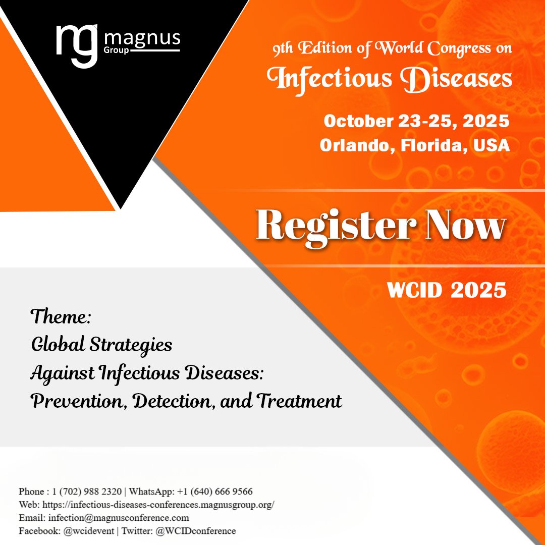 WCID-2025 (@wcidconference) on Twitter photo Join @wcidconference hosted by <a href="/magnus_group/">Magnus Group</a> during October 23-25, 2025 at Orlando, Florida, USA
Register now at: …-diseases-conferences.magnusgroup.org/register
For more details, reach us:
📱 Whatsapp: +16406669566
☎️ Phone: +17029882320
📧 Email: infection@magnusconference.com
#infectiousdiseases2025 Join @wcidconference hosted by <a href="/magnus_group/">Magnus Group</a> during October 23-25, 2025 at Orlando, Florida, USA
Register now at: …-diseases-conferences.magnusgroup.org/register
For more details, reach us:
📱 Whatsapp: +16406669566
☎️ Phone: +17029882320
📧 Email: infection@magnusconference.com
#infectiousdiseases2025