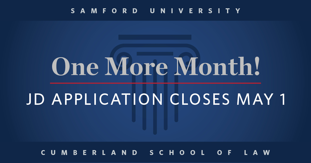 What are you waiting for? Let Cumberland School of Law be your path to a meaningful career. 

Apply by May 1. samford.edu/law/apply