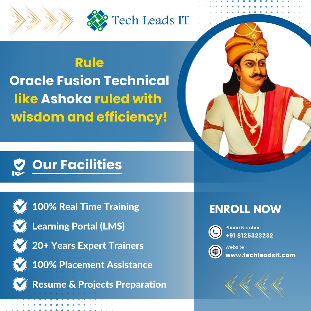 TECHLEADS1's tweet image. 👑 Rule Oracle Fusion Technical like Emperor Ashoka! 🏛️💡
Master Oracle Fusion Technical with wisdom and efficiency, just like Ashoka ruled his empire!
.
.
.
.
📞 +91 8125323232
🌐 techleadsit.com
#OracleFusionTechnical #AprilFoolsDay #AdaniPGTIGolf #StartupMahakumbh