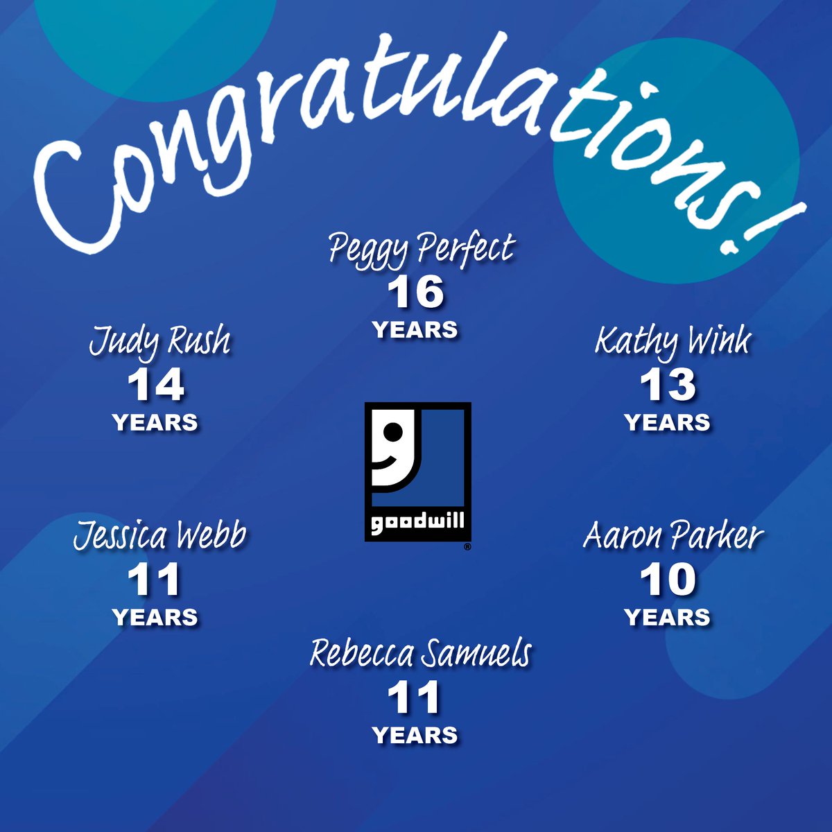 MarionGoodwill's tweet photo. Join us in celebrating Peggy, Judy, Kathy, Jessica, Rebecca, and Aaron on their work anniversaries this month! 🎉 Together, they bring an incredible 75 years of dedication, passion, and hard work to our Goodwill family. Thank you for all you do! #WorkAnniversary #GoodwillStrong https://t.co/0jrZMtrlNd