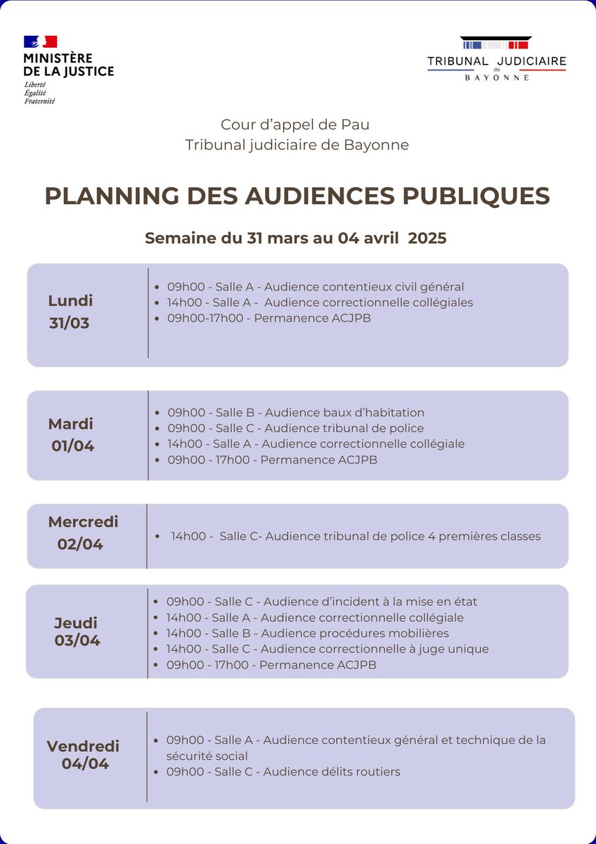 La justice concerne chaque citoyen! Tous peuvent  assister aux débats judiciaires et au prononcé des jugements.   Retrouvez le planning des audiences publiques du <a href="/TjBayonne/">TJ Bayonne</a> pour la semaine du 31/03/25 au 04/04/25 ⚖️