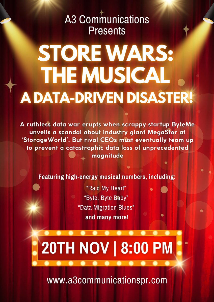 So very excited to be able to share this: 'Store Wars' will finally happen after Technology Live! in November. Come and watch <a href="/A3Comms/">A3 Communications</a> be stage stars for one night. Thank you <a href="/Hammerspace_Inc/">Hammerspace</a> Molly Presley for being our narrator for the night! More at a3.ax/tKkpK