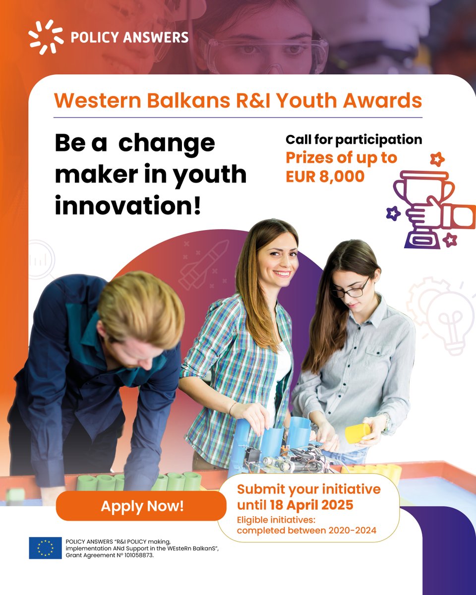Want to gain regional recognition and inspire the next generation? The Western Balkans R&amp;I Youth Awards offers a chance to showcase your success stories and network with leaders in the field. Win up to €8,000!

Apply now: bit.ly/3CYLGUW