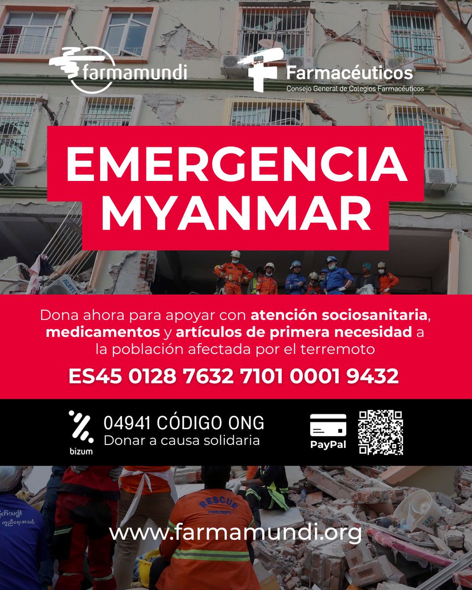 🚨 Actuamos ante la emergencia en #Myanmar:

➡️ Asistencia médica y medicamentos
➡️ Refugio y artículos esenciales
➡️ Apoyo psicosocial

El #terremoto agrava la crisis humanitaria tras 4 años de conflicto. Toda ayuda es esencial. Colabora: paypal.com/donate/?hosted…