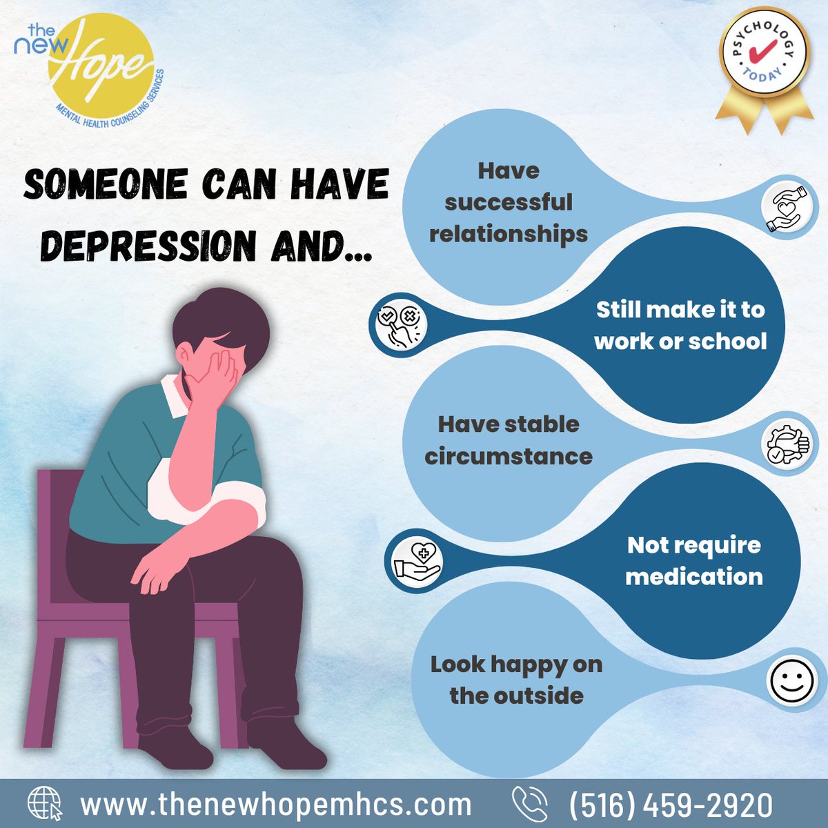 TheNewHope_MHCS's tweet image. Someone can experience depression even when things seem fine on the outside.

#DepressionAwareness #OvercomeDepression #DepressionHelp #DepressionSupport
#DepressionIsReal #MentalHealthCare #Thenewhopemhcs