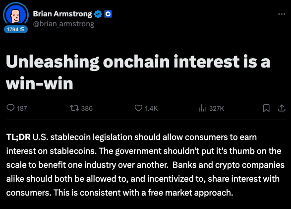 Tyler_Did_It's tweet photo. The Morning Minute (4.1)

⏰Top News:
-Crypto majors rebound 2-4% as Q2 begins; Bitcoin at $84,000
-Brian Armstrong calls for interest-bearing stablecoins
-Circle inches closer to late-April IPO
-Kaito partners with Noise for new tradeable trends market
-Punk6529 shares decentralization plans ahead of SZN11 of The Memes

🌎 Macro Crypto and Memes
-Crypto majors are green this morning; BTC +2% at $84,000, ETH +4% at $1,870, XRP +4% at $2.14, SOL +3% at $127
-CRV (+18%), EOS (+11%), and BERA (+11%) led alts

-Larry Fink warned that if the US doesn’t get its debt under control, it risks losing the USD position to digital assets like Bitcoin
-Brian Armstrong shared an article pushing for interest-bearing stablecoins
-Senator Tuberville is set to introduce the Financial Freedom Act today, allowing Americans to invest retirement funds into crypto
-Trump’s personal crypto projects are complicating crypto’s pending legislation according to Congressmen
-The US Treasury will formally disclose its Bitcoin holdings on April 5 following an audit
-The Bitcoin Policy Institute introduced its latest brief on BitBonds, a new financial product tied to 10-year Treasuries where 10% of proceeds are used to buy BTC
-Circle is reportedly planning to IPO in late April and has hired JPMorgan and Citi

In Memes
-Memecoin leaders were green with leaders up 5-10%; DOGE +5%, Shiba +6%, PEPE +9%, TRUMP +2%, BONK +8% & WIF +1%
-The Dog wif Hat team shared that it will be returning the Sphere funds after being unsuccessful in getting the hat placed on the Vegas Sphere
-titcoin was a top mover, jumping 64% to $20M

💰 Token, Airdrop & Protocol Tracker
-The GUN token officially launched on Binance at a $1B FDV ($60M mc) but changed investor terms last minute to meet Binance demands
-Kaito and Noise have partnered "to turn mindshare into tradable trends,” where traders on Noise will be able to go long or short trends showing in Kaito's data
-Decrypt officially integrated Myriad's onchain prediction markets, meaning readers will be able to make live wagers directly from stories on Decrypt

🤖 AI x Crypto
-Overall market cap rebounded 5% to $6B, leaders were mixed
-FARTCOIN (+30%), VIRTUAL (-1%), ai16z (+15%), ACT (-50%), and FAI (-1%)
-AGIXT (+60%) and ELIZA (+20%) were notable top movers
-Wayfinder led mindshare as users begin playing with Midas and sharing it on X
-ai16z announced its new token launched pad Auto dot Fun with a no-code agent builder, fair launches, sustainable tokenomics and more, powered by ElizaOS (Eliza v2 coming soon too)

🚚 What is happening in NFTs?
-ETH NFT leaders are mostly green; Punks even at 42.5 ETH, Pudgy +2% at 10.1, BAYC +5% at 15 ETH
-BTC NFT leaders were red with Taproot Wizards -4% to 0.16 BTC, Bitcoin Puppets -2%, NodeMonkes -1%, OMB -5%, Quantum Cats -33%
-Abstract NFTs were mixed with RUYUI (+45%) and Legendary League (+26%) leading the way

-Punk6529 introduced a new mechanic for The Memes where the community will decide which meme cards make the cut Using a ‘TDH’ voting system, with TDH going to meme card holders based on time held, quantity and differentiation
-Doodles co-cofounders tease ‘Project 02’ along with token presale