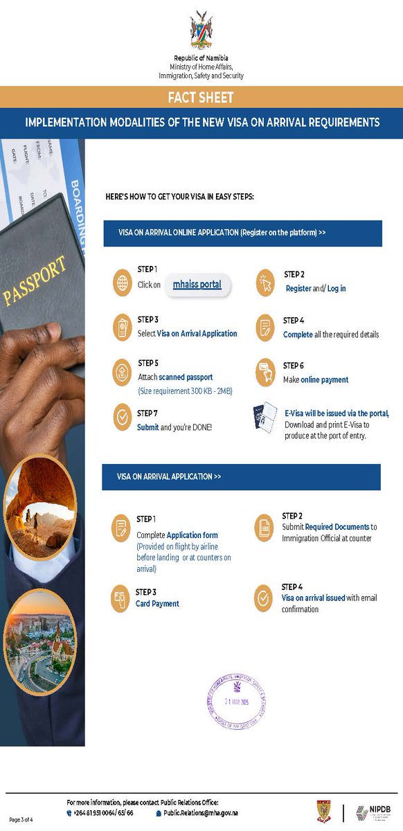 NIPDB's tweet photo. EXPERIENCE NAMIBIA WITH SEAMLESS ENTRY
Namibia’s expanded Visa on Arrival is now live! Eligible travellers can now apply online and get their visa at key ports of entry.
Learn more: https://t.co/DkG1mALaOp
#VisaOnArrival #ExploreNamibia #InvestNamibia #NIPDBFacilitates https://t.co/OrIFL3NjkO