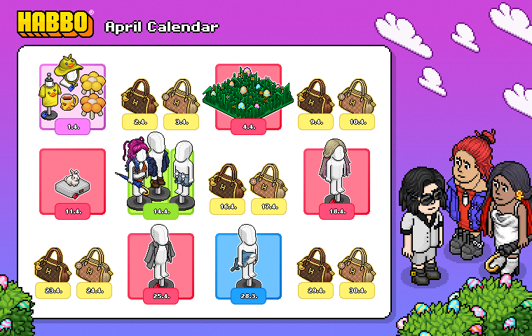 Habbo's tweet photo. log into habbo and immerse yourself in Luna McDuck’s FASHION MONTH 2025 event!!!

release schedule pictured, article link in the below post 👇 https://t.co/OTHaAvjiIG