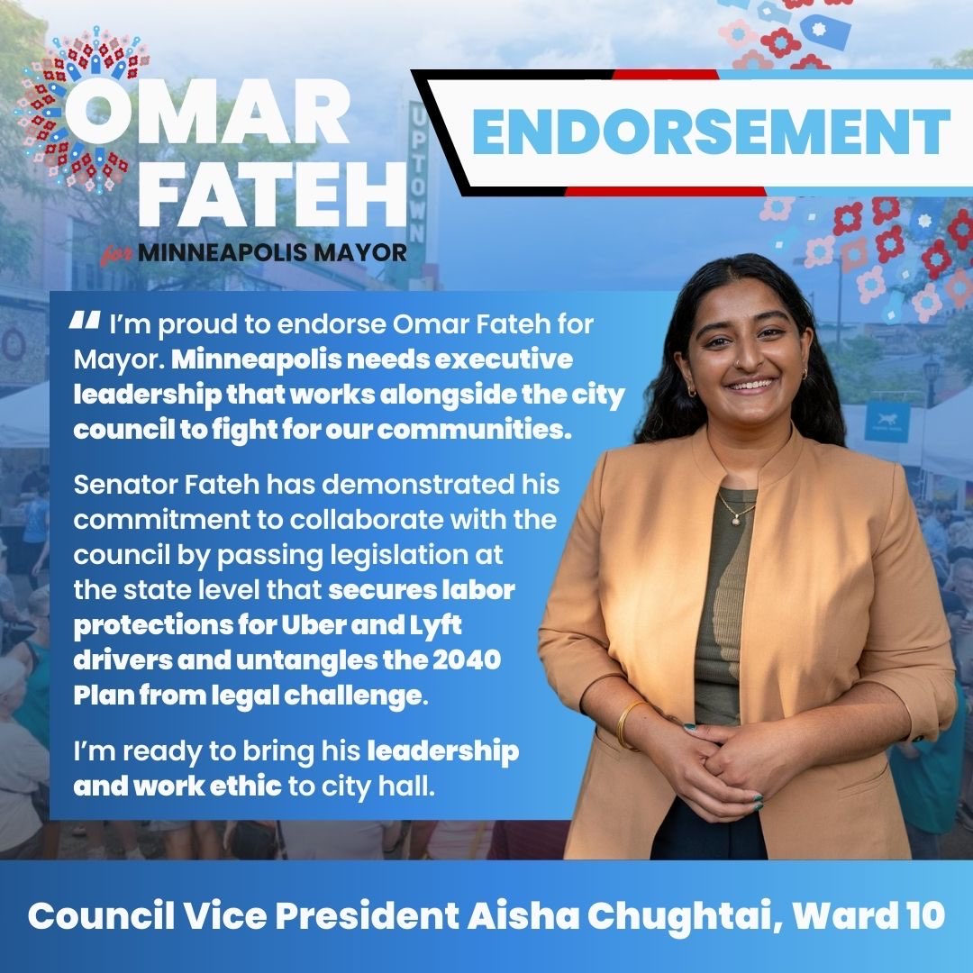 OmarFatehMN's tweet photo. I am honored to be endorsed by Council Vice President @aishaforward10! I admire her leadership and the way she shows up for our communities every day. I look forward to working together to achieve a city that works for everyone! https://t.co/8iSKxunJCc