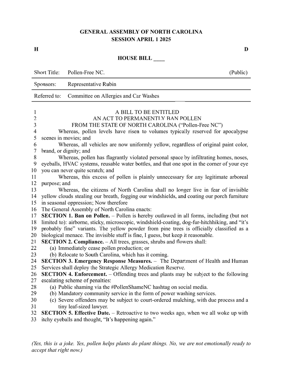 BREAKING: Enough is enough--Time to come together and ensure a "Pollen-Free NC." (Happy April 1st!) #ncpol #AprilFoolsDay