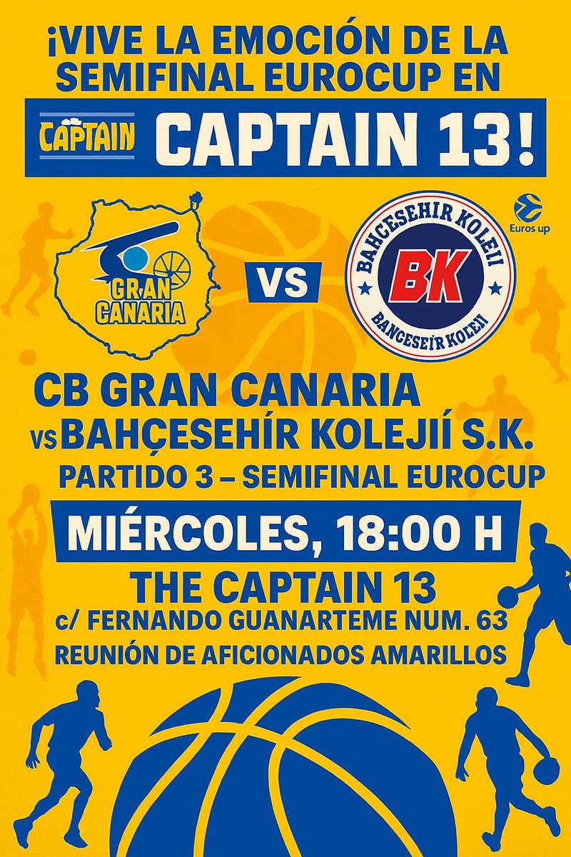 DeAbonados's tweet photo. 🔥 ¡Atención abonad@s y aficionad@s del Granca!
Este miércoles a las 18:00 h. vive el PARTIDO 3 de la semifinal de la @EuroCup entre 🇮🇨 @GranCanariaCB 🇪🇸 🆚 🇹🇷 @BKBasketbol 🇹🇷 en @_TheCaptain13_
📍c/ Fernando Guanarteme núm. 63
#VamosGranca💛💙 #Aporlafinal https://t.co/jM4eCwxfbF
