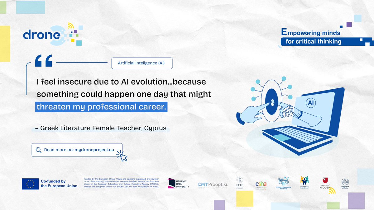 🧠AI &amp; the future of education: Teachers' concerns are real. DRONE empowers youth with digital literacy &amp; critical thinking skills. 
Learn more: mydroneproject.eu

#DRONEprojectEU #Education