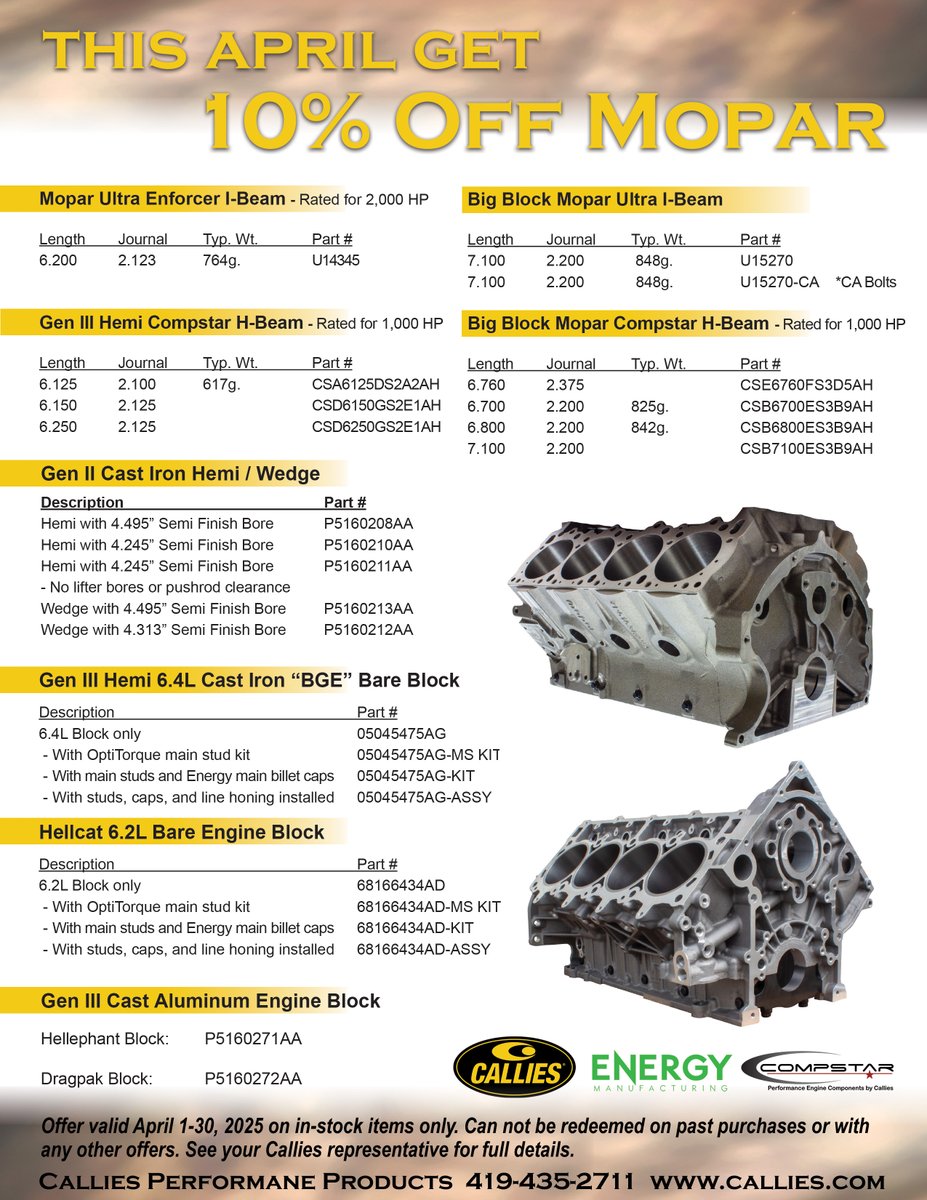 No April Fools—just 10% off Mopar performance parts all month long! Give your favorite Callies sales rep a call! #calliesperformance #mopar