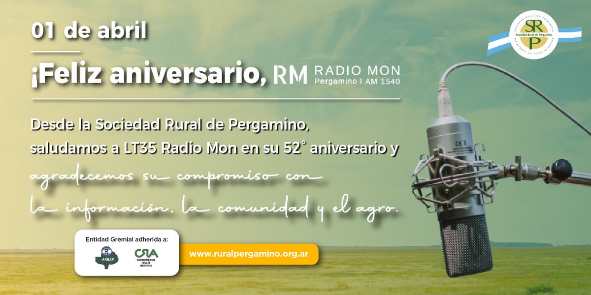 📻𝟏 𝐝𝐞 𝐚𝐛𝐫𝐢𝐥 | ¡𝐅𝐞𝐥𝐢𝐳 𝐚𝐧𝐢𝐯𝐞𝐫𝐬𝐚𝐫𝐢𝐨 𝐑𝐚𝐝𝐢𝐨 𝐌𝐨𝐧! 📻

Desde la Sociedad Rural de Pergamino, saludamos a la Radio  en su 52° aniversario y agradecemos su compromiso con la información, la comunidad y el agro.
Una voz imprescindible en nuestra región.