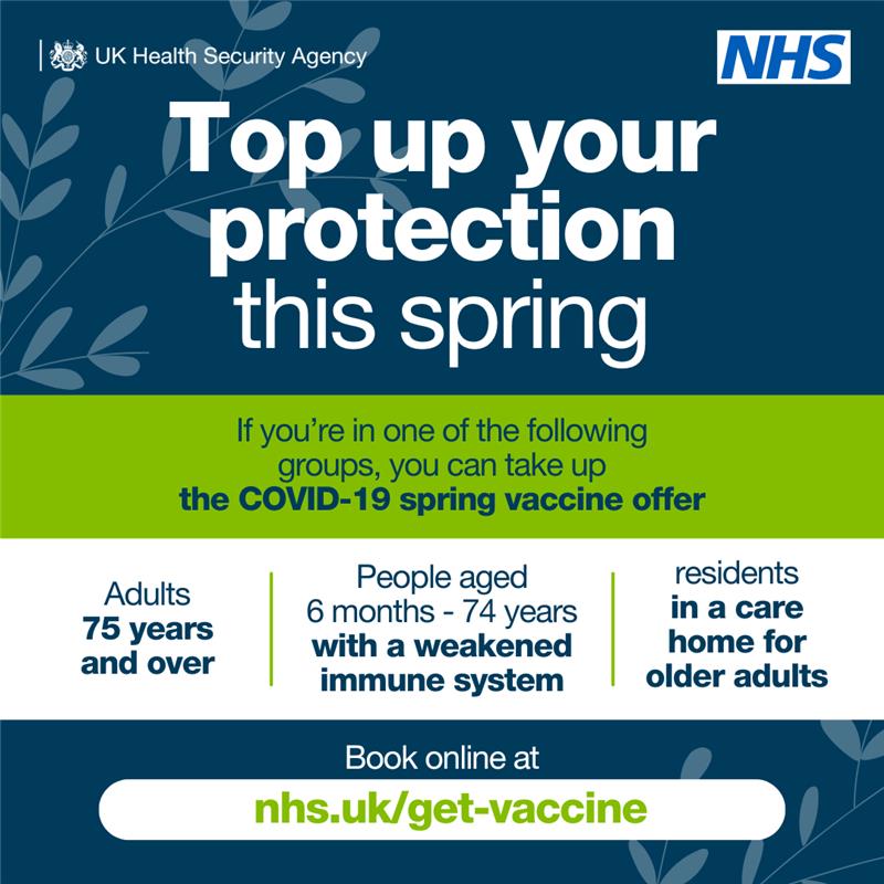 Top up your protection this spring! ⚡

Getting your COVID-19 vaccine means your symptoms will be milder &amp; you’ll recover faster if you catch COVID-19 this spring. 🦠

More info: nhs.uk/get-vaccine or rb.gy/v5vfd4