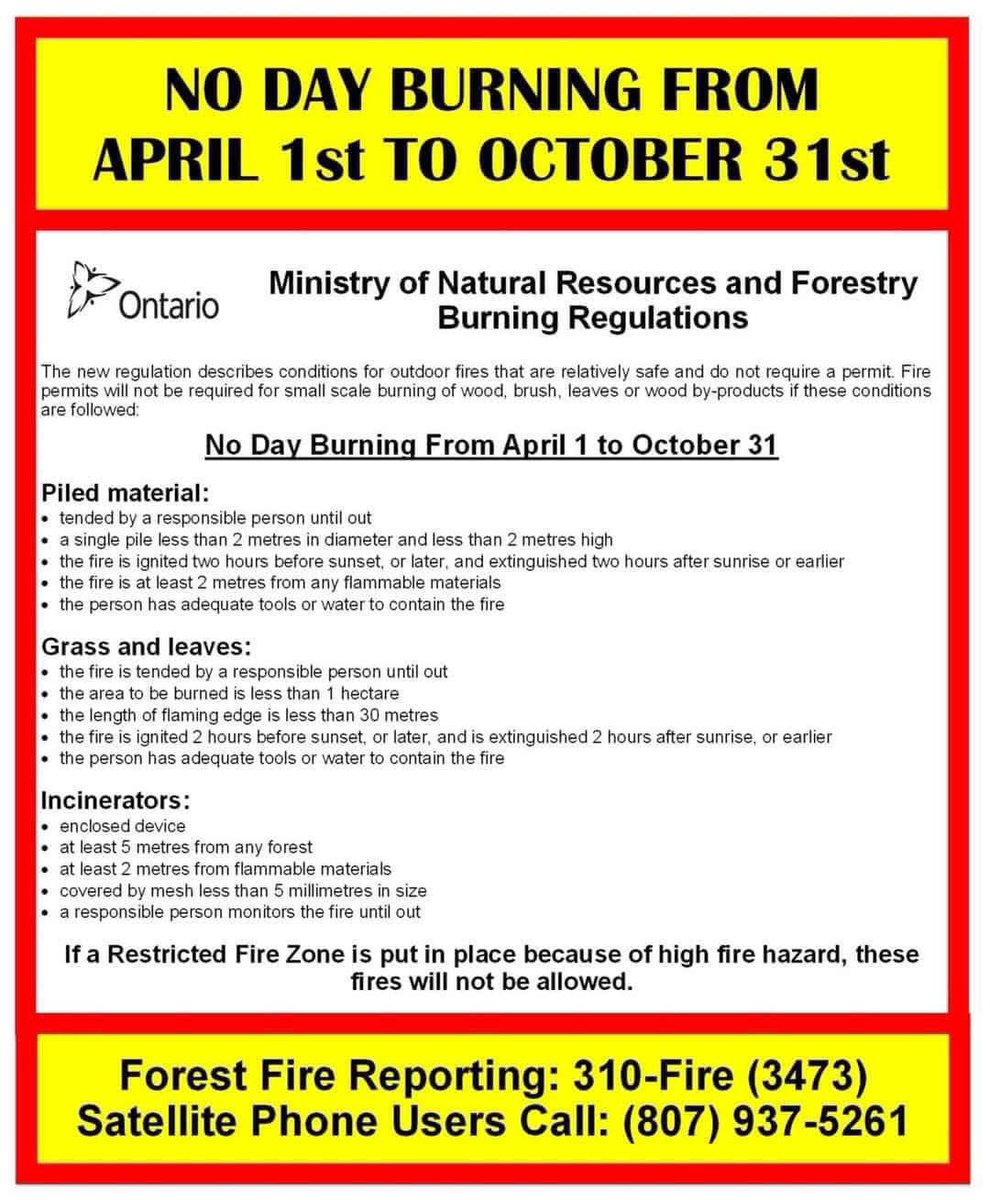 As of today April 1st Burning Regulations will be changing to no day burning as the summer months approach!