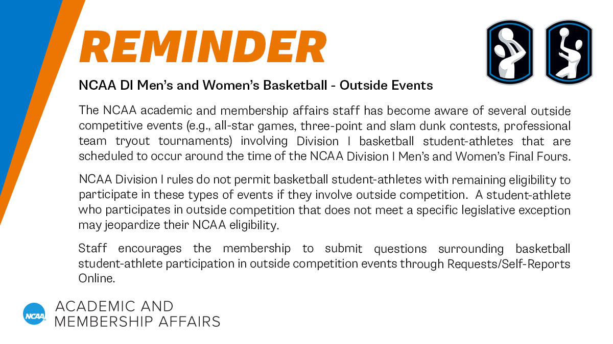 🔔Attention Division I Basketball Student-Athletes🔔

Check out the graphic below for reminders related to outside competitive events schedule to occur around the time of the NCAA Division I Men's and Women's Final Fours.