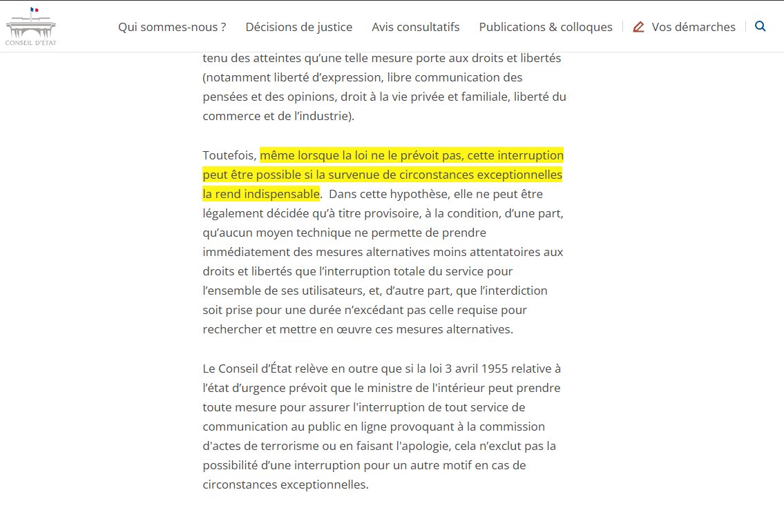 Guillaume Champeau (@gchampeau) on Twitter photo 🔥Très dangereuse décision du <a href="/Conseil_Etat/">Conseil d'État</a> qui valide le droit pour tout gouvernement actuel ou futur de suspendre les réseaux sociaux en France sans aucune loi le prévoyant, pourvu qu'il l'estime "indispensable pour faire face à des événements d'une particulière gravité". 🔥Très dangereuse décision du <a href="/Conseil_Etat/">Conseil d'État</a> qui valide le droit pour tout gouvernement actuel ou futur de suspendre les réseaux sociaux en France sans aucune loi le prévoyant, pourvu qu'il l'estime "indispensable pour faire face à des événements d'une particulière gravité".