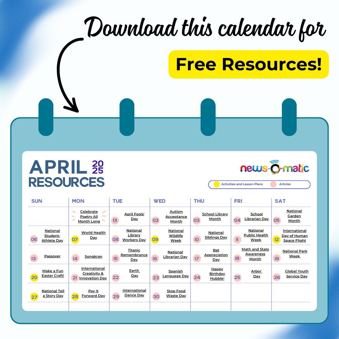 News-O-Matic has you covered for April! 🌟

Download our resource calendar to explore articles, activities, and lesson plans you can use in your classroom all month long! 🗓️

bit.ly/41QVk5M

#reading #april #lessonplans