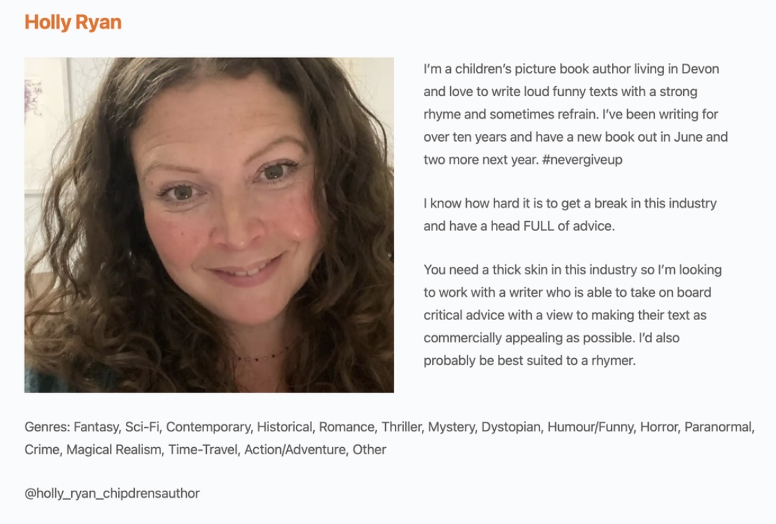 Holly Ryan (@hollyfryan) on Twitter photo Thrilled to say I’ll be a mentor for this years Summer Mentor Programme with <a href="/writementor/">WriteMentor</a> I'm hoping to find an PB writer who would benefit from some FREE 121 support on their their writing journey. Head over to my Instagram to find out more...
#kidlit #PictureBooks Thrilled to say I’ll be a mentor for this years Summer Mentor Programme with <a href="/writementor/">WriteMentor</a> I'm hoping to find an PB writer who would benefit from some FREE 121 support on their their writing journey. Head over to my Instagram to find out more...
#kidlit #PictureBooks